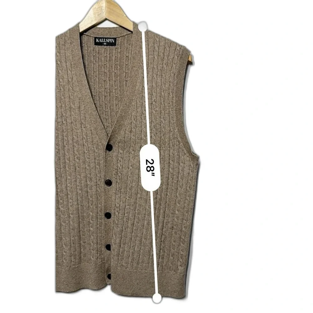 Kallspin Cable-Knit Vest Cashmere Wool Blend Cardigan in Beige Tan M NWOT